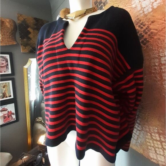 Massimo Dutti Cotton Blend Navy and Red Striped Sweater - Picture 6 of 13